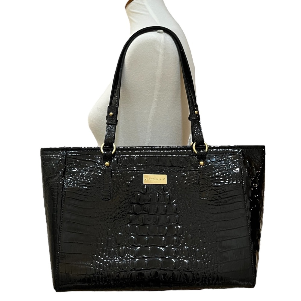 Brahmin Melbourne Asher Black Shiny Croc Embossed Leather Tote Shoulder Bag EUC